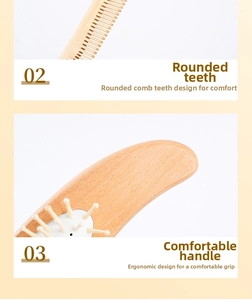 Macro detail of natural wooden comb showing rounded teeth and ergonomic curved handle