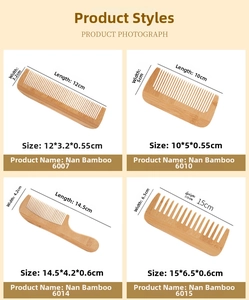 Detail view of four bamboo comb styles showing natural wood grain and various tooth densities