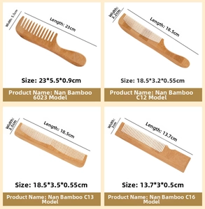 Size specifications for various bamboo combs including long handle and fine tooth models