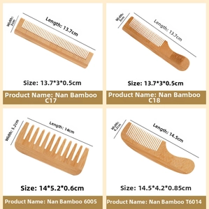Size chart for bamboo combs showing dimensions for four different fine and wide tooth models