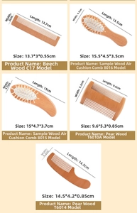 Detailed size guide for beech and pear wood hair combs with precise measurements