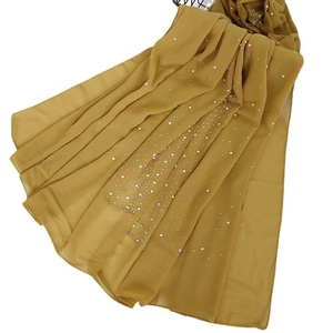 Mustard yellow pearl chiffon hijab shawl with gradient rhinestone embellishments