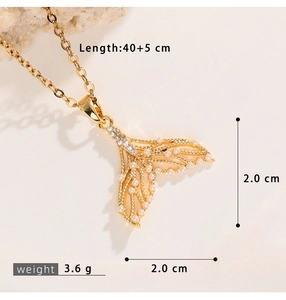 Detail showing mermaid tail pendant size of 2.0cm and 40cm golden necklace length