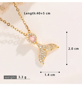 Macro detail of mermaid tail pendant necklace showing 40+5cm length and size specs