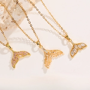 Elegant gold mermaid tail pendant necklaces with pink zircon and pearls for women