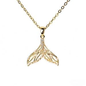Golden mermaid tail pendant necklace with delicate pearls and sparkling zircon stones