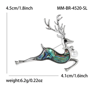 Silver reindeer brooch with colorful abalone shell inlay and small white pearl pendant