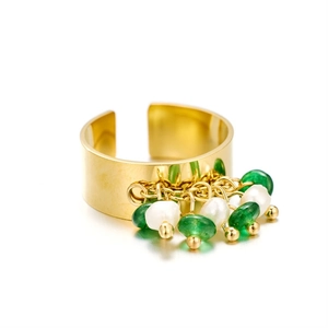 Bohemian gold wide band open ring featuring elegant green beads and white pearl tassels
