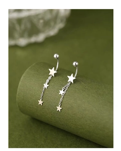 Macro shot of silver S925 star tassel earrings with screw backs on green display