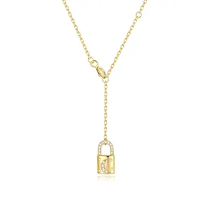 925 Sterling Silver Gold Plated Star Moon Padlock Pendant Necklace For Women Zirconia Inlaid Fashion Jewelry Gift Accessory