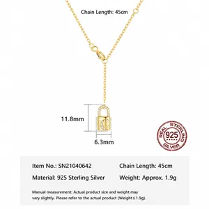 Luxurious S925 sterling silver gold lock necklace with crescent moon and diamond accents