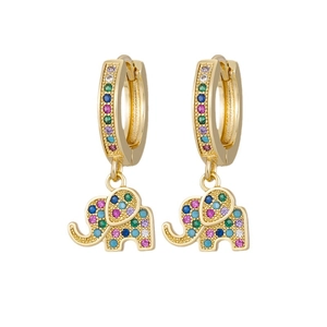 British retro elephant hoop earrings with colorful zircon stones in gold plating