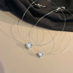 Detailed macro view of sparkling round-cut zircon pendant with invisible fishing line chain