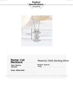 Detailed specs for s925 sterling silver cat pendant necklace with cubic zirconia