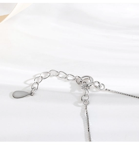 Detailed close-up of s925 silver box chain with spring clasp and extension teardrop tag