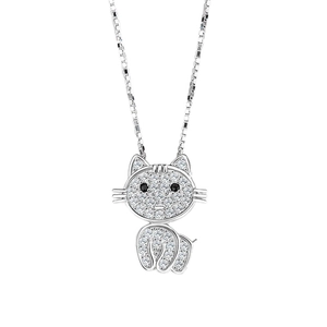 Cute S925 sterling silver kitten necklace with pavé crystals and black gemstone eyes