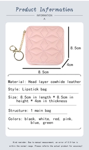 Pink quilted leather lipstick pouch with mirror and gold chain, size 8.5x8.5x4cm