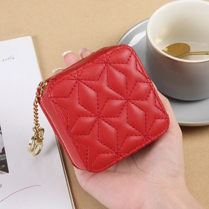 Mini Star Quilted Cowhide Lipstick Case With Mirror Portable Coin Purse Metal Keychain Hook Cosmetic Bag For Women