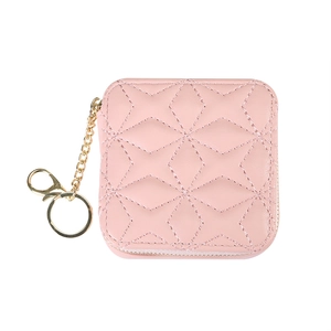 Pink quilted lipstick mini pouch with gold hardware and keychain on white background