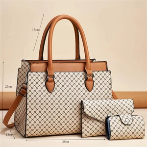 3-piece checkered handbag set with large tote, clutch and purse in brown and cream trim