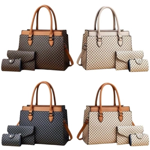 Three-piece checkered luxury handbag set including tote and wallet in four colors