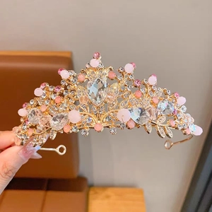 Couronne de princesse en cristal avec perles roses et métal doré pour coiffure de fille