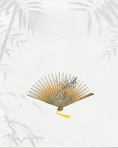Detail of traditional Chinese folding fan with bamboo ribs and elegant yellow tassel pendant