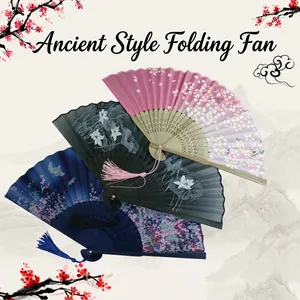 Vintage Chinese Style Folding Hand Fan Bamboo Bone Satin Fabric Surface Hollow Carved Floral Tassel For Dance Gift Decoration