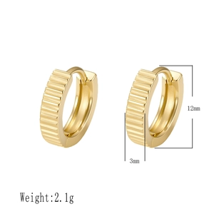 Detail view of 12mm gold hoop earrings showing stripe texture and weight specifications