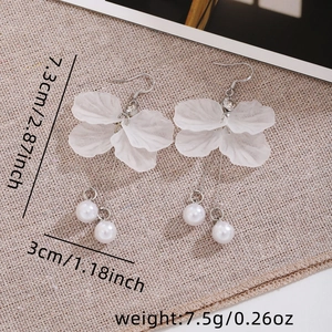 Elegant white petal drop earrings with pearl tassels and detailed size measurements