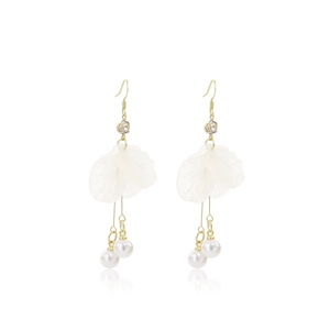 Detailed view of elegant white petal tassel earrings with pearls and crystals.