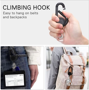 Retractable keychain with carabiner hook shown on belt and backpack for easy badge access