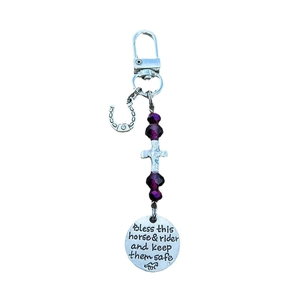Saddle and bridle charm clip with purple beads and engraved horse prayer tag