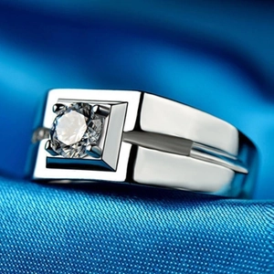 Men's S925 silver wide band ring with square cubic zirconia stone in a 4-prong setting