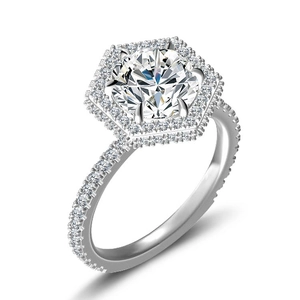 Detail of S925 silver ring featuring hexagonal double halo and round brilliant-cut zircon