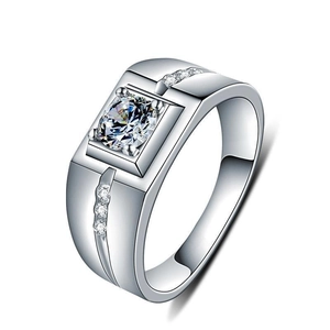 Polished S925 silver men's ring with square-set round zircon and side diamond accents