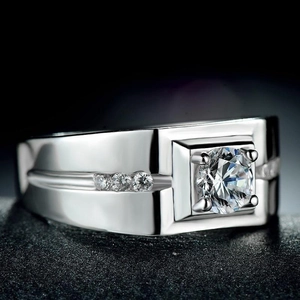 Men's S925 silver wide band ring with square cubic zirconia and side stones
