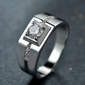 Luxurious S925 silver ring for men with large square-cut zircon and side stones