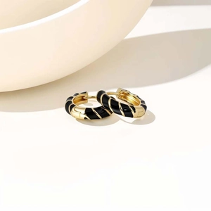 Fashionable gold-plated spiral hoop earrings with black enamel for women and girls