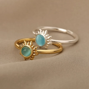 Retro sunflower open ring with blue opal stone in gold and silver plating