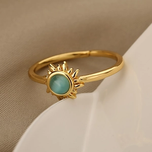 Vintage golden sunflower ring with cat eye stone inlay and adjustable open band design