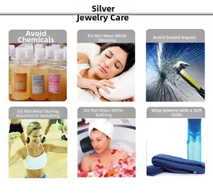 Visual guide for 925 sterling silver jewelry maintenance and daily care instructions