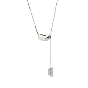 Minimalist 925 sterling silver lucky bean necklace with engraved square plate on white background