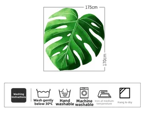 Leaf shaped flannel blanket with 175x170cm dimensions and washing instruction labels