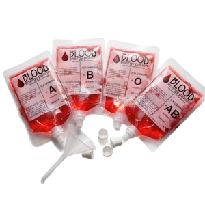 Halloween blood bag drink pouches 4-pack for parties with funnel and blood type labels