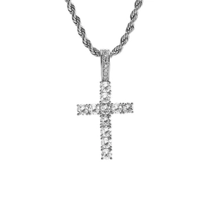 Silver hip-hop cross pendant necklace with sparkling zircons and rope chain
