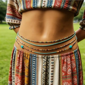 Bohemian multi-layer waist bead body chain with starfish shell and turquoise accents