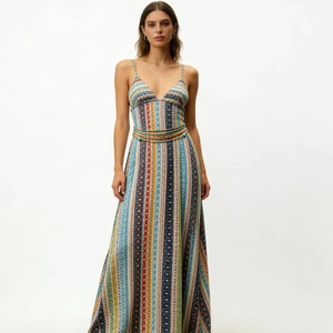 Bohemian striped V-neck maxi dress with pearl waist chain and starfish shell details