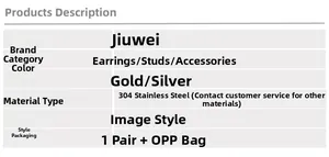 Specifications table for stainless steel stud earrings showing material and packaging details