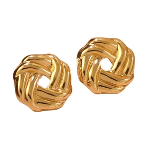 Polished gold twisted rope texture geometric stud earrings with hollow hexagonal design